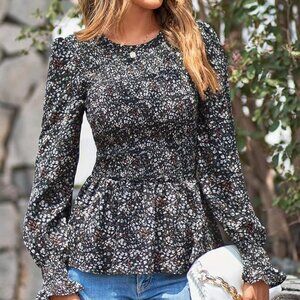 Casual Long Sleeve Smocked Ruffle Hem Top
